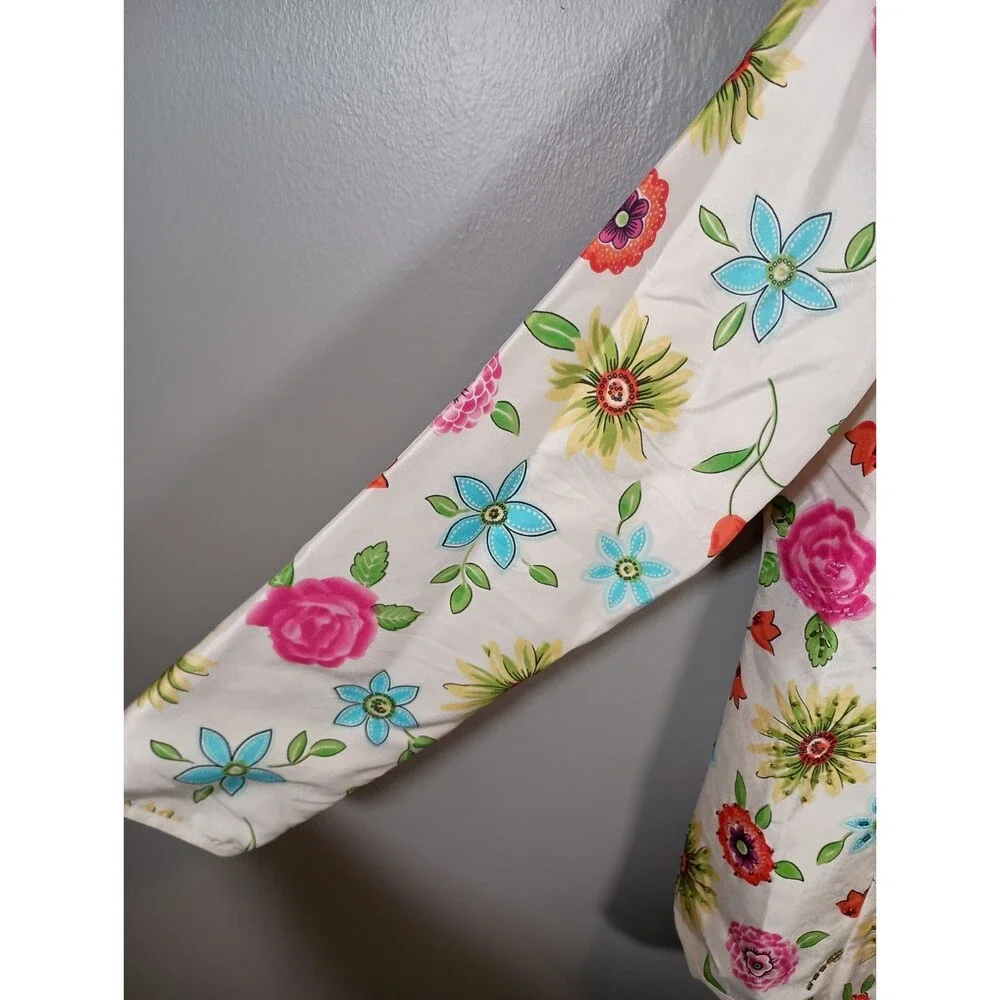 SILKLAND Blazer White Beaded Floral Print Zip Silk Womens Size Medium Vintage